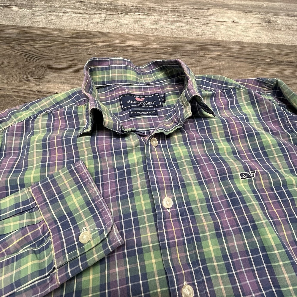 Vineyard Vines Shirt Mens Medium Blue Purple Green Whale‎ Slim Fit Button Plaid
